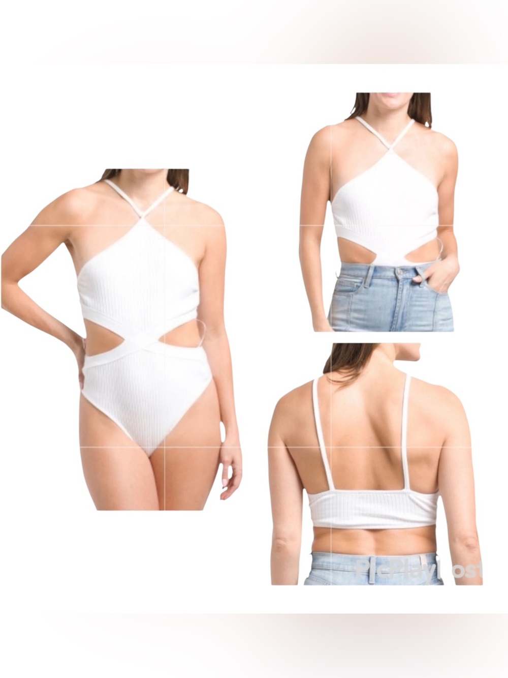 Zara White Ribbed Knit Bodysuit Cutout Thong Halter Top NWT (Z)